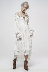 White Off Shoulder Long Puff Sleeves Ruffle Mesh Women's Gothic Dress - Product - 4