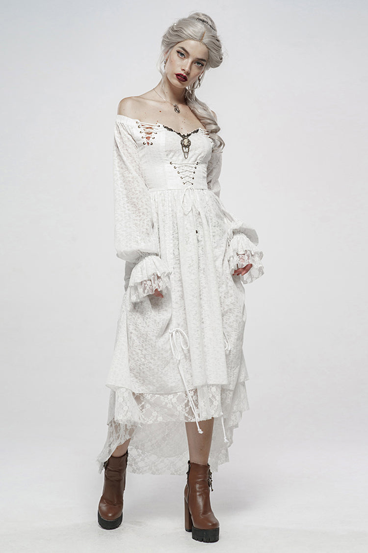 White Off Shoulder Long Puff Sleeves Ruffle Mesh Women's Gothic Dress - Product - 4