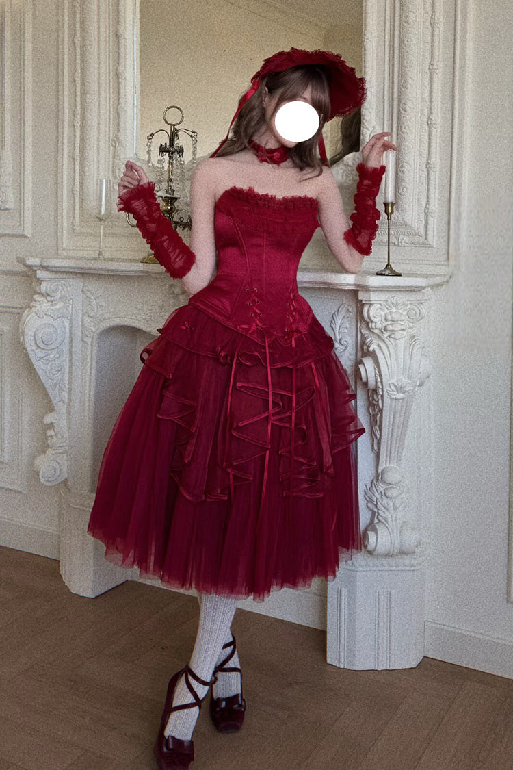 Red [The Summer Waves Sparkle] Square Collar Sleeveless Multi-Layered Ruffled Bow Lace-Up Slim Classic Lolita Skirt Set - Product - 7