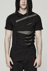 Black Short Sleeves Stitching Hooded Mesh Ripped Mens Steampunk T-Shirt - Black - 1