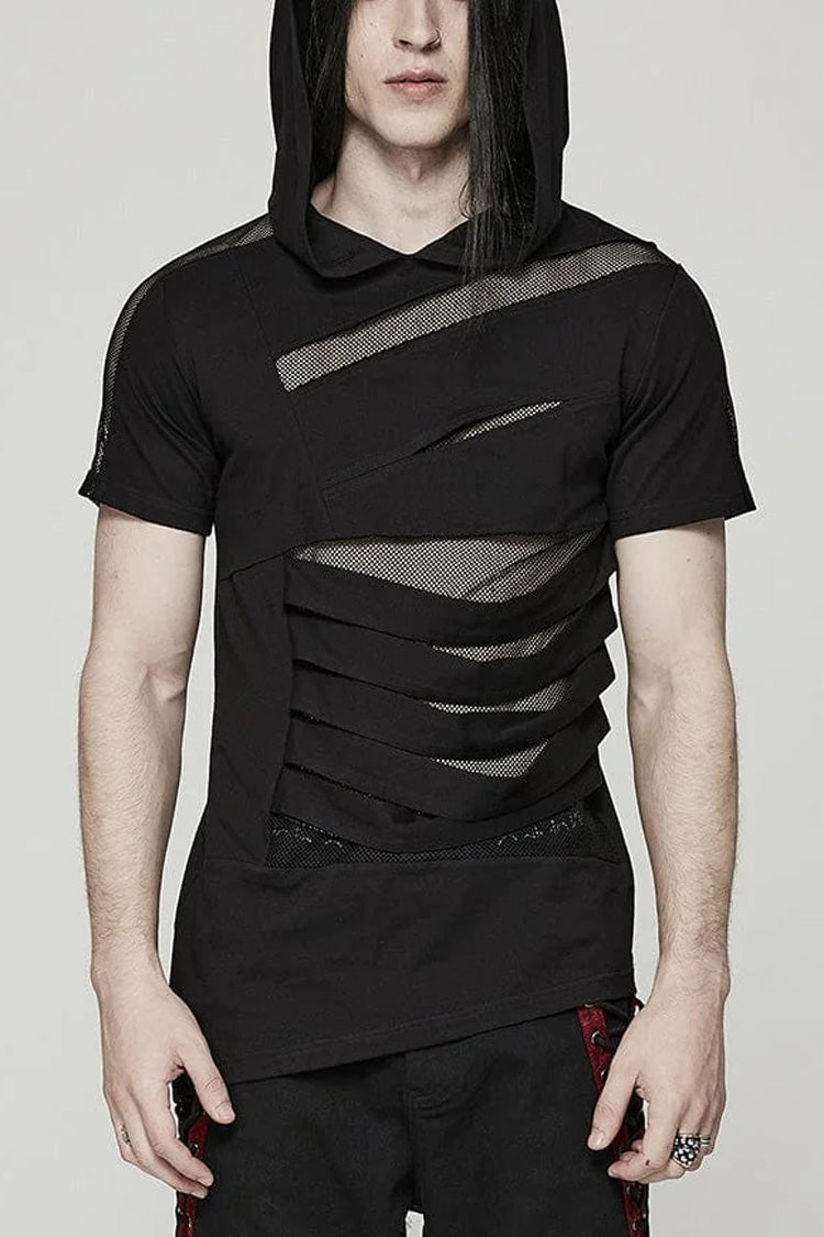Black Short Sleeves Stitching Hooded Mesh Ripped Mens Steampunk T-Shirt - Black - 1