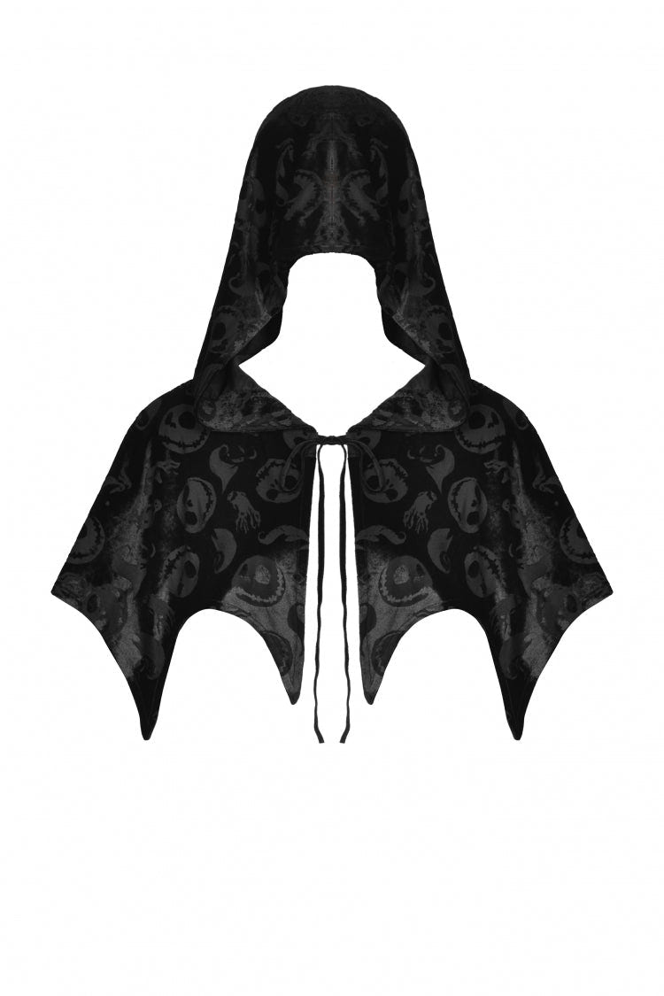 Black Skull Printed Front Lace-Up Women's Gothic Velvet Cape with Hood - Product - 3