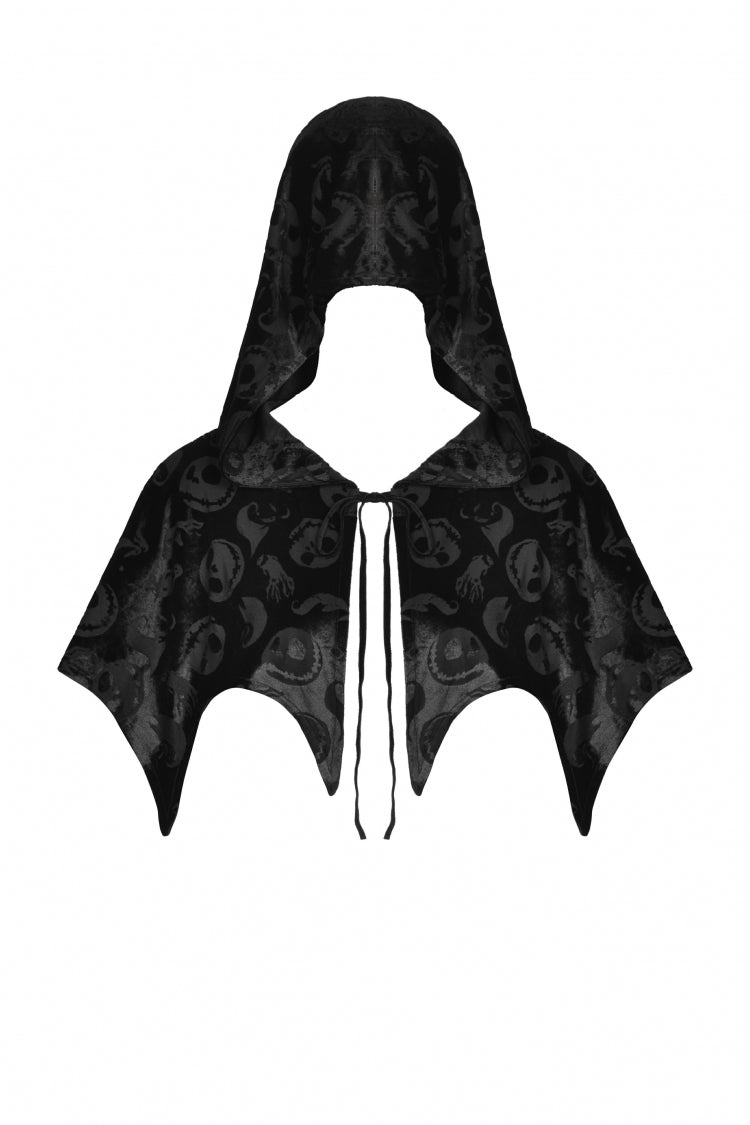 Black Skull Printed Front Lace-Up Women's Gothic Velvet Cape with Hood - Product - 3