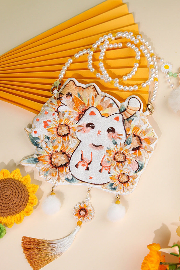 Multi-Color Sunflower Cat Embroidery Pearl Chain Sweet Lolita Crossbody Bag - Product - 2