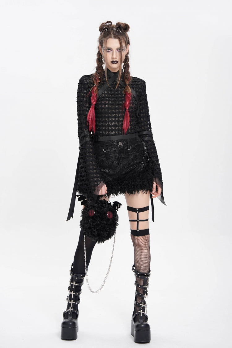 Black Stand Collar Long Sleeves Mesh Buckle Straps Women's Punk Blouse - Product - 5