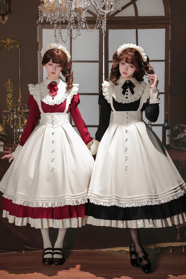 [Miss Lita] Stand Collar Long Lantern Sleeves Triple-Layered Ruffled Classic Elegant Maid Lolita Dress 2 Colors (Red, Black) - Red(Dress-Only) - 1