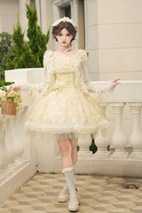 Yellow [Falling Flowers as a Message] Square Collar Flying Sleeves Print Ruffle Lace Sweet Elegant Lolita Short Dress - Product - 7