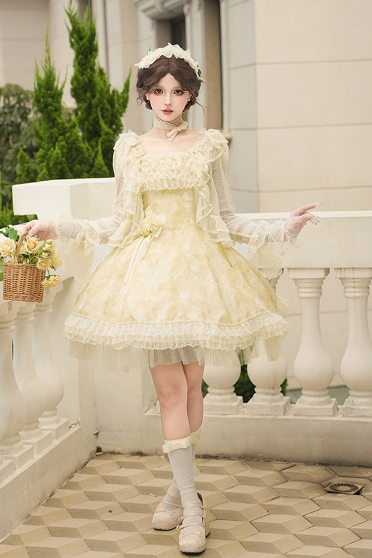 Yellow [Falling Flowers as a Message] Square Collar Flying Sleeves Print Ruffle Lace Sweet Elegant Lolita Short Dress - Product - 7