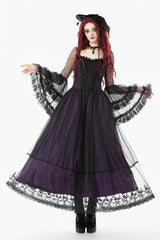 Purple Sheer Lace Square-Cut Collar Double-Layered Long Flared Sleeves  Lace-Up Women's Gothic Maxi Dress - Purple - 1