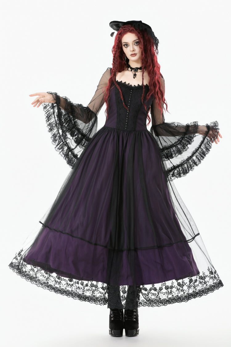 Purple Sheer Lace Square-Cut Collar Double-Layered Long Flared Sleeves  Lace-Up Women's Gothic Maxi Dress - Purple - 1