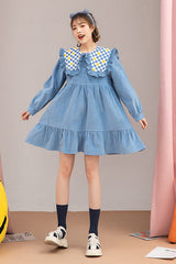 Blue Plaid Print Doll Collar Long Sleeves Ruffled Corduroy Sweet Lolita OP Dress - Product - 2