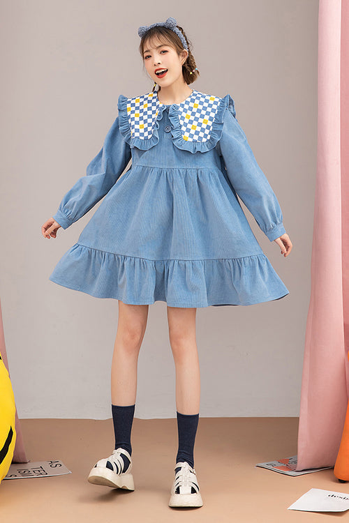 Blue Plaid Print Doll Collar Long Sleeves Ruffled Corduroy Sweet Lolita OP Dress - Product - 2