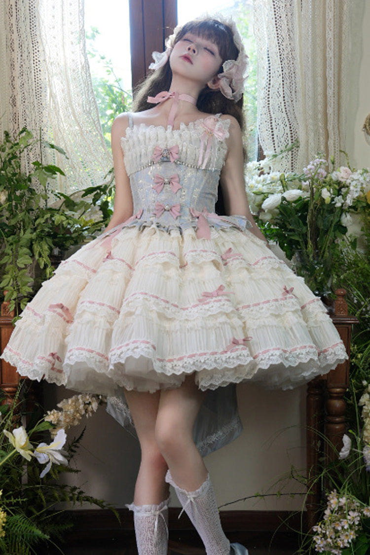 Blue/Apricot [Sea Salt Souffle] Sleeveless Multi-Layered Bowknot Lace Sweet Ballet Lolita Jsk Dress - Blue/Apricot - 1