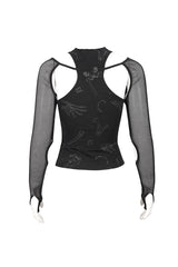 Black Pentagram Leather Striped Long Sleeve Women's Gothic T-Shirt - Product - 8