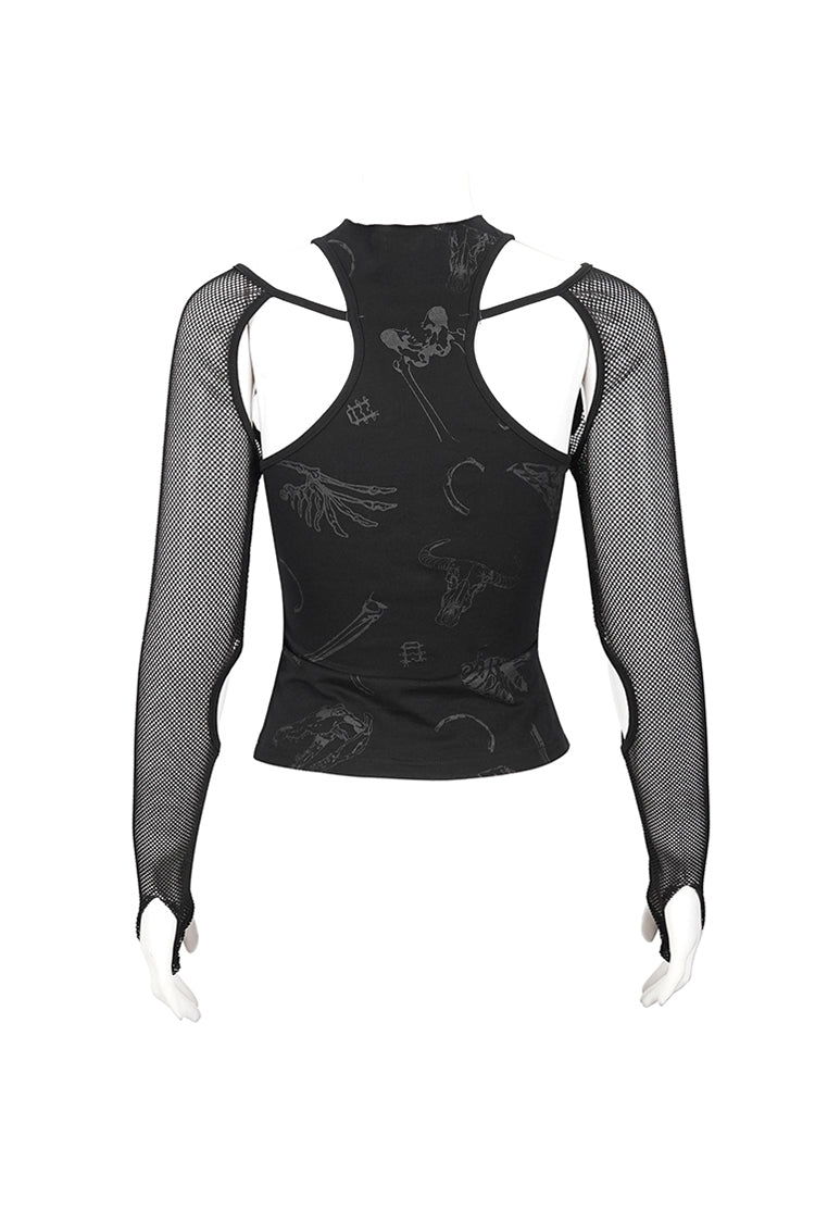 Black Pentagram Leather Striped Long Sleeve Women's Gothic T-Shirt - Product - 8