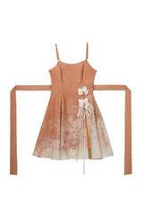 Orange Square Collar Sleeveless Chrysanthemum Printed Bow Lace-Up Asymmetric Sweet Chinese Inspired Lolita Jsk Dress Set - Product - 13