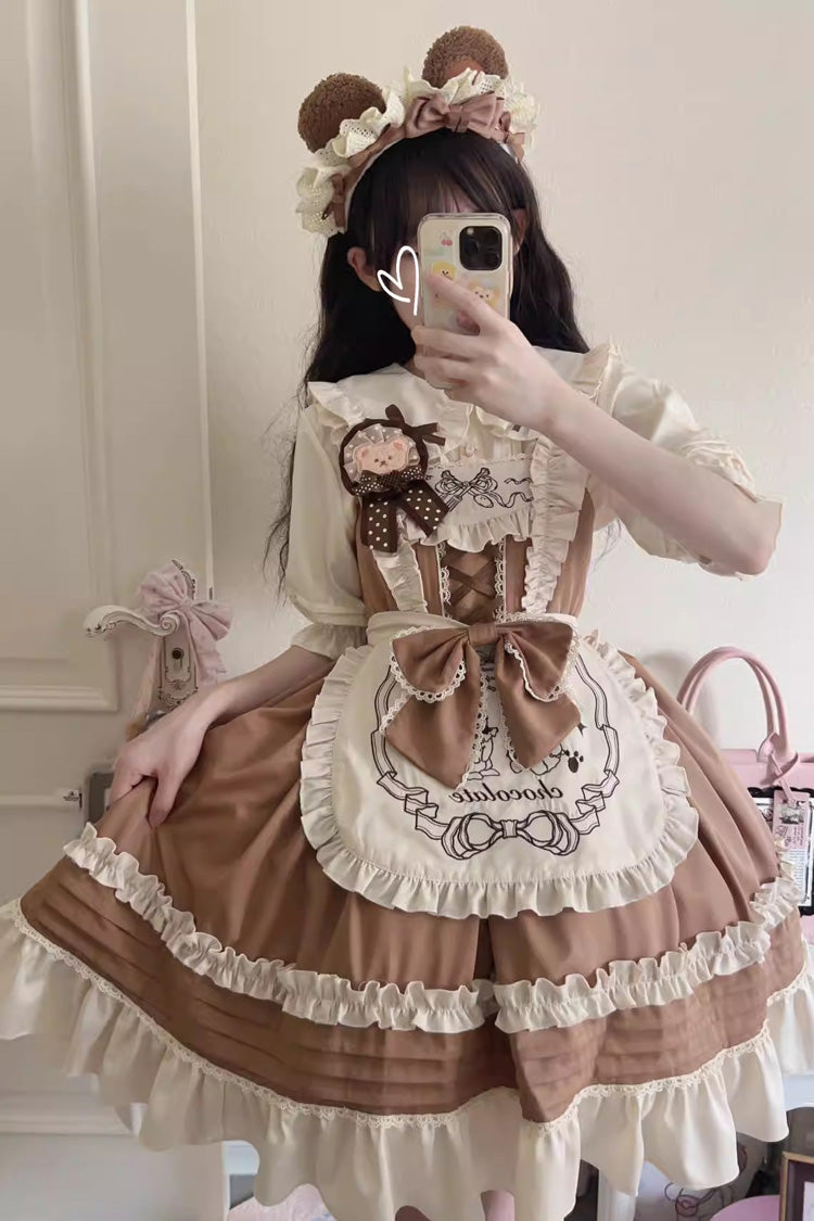 Raw Chocolate Mille Crepe Ruffle Bowknot Sweet Princess Lolita Jsk Dress 3 Colors - Khaki - 3