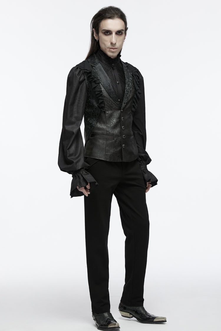 Black Sleeveless Buckle-up Ruffle Men's Gothic Vest - Product - 9