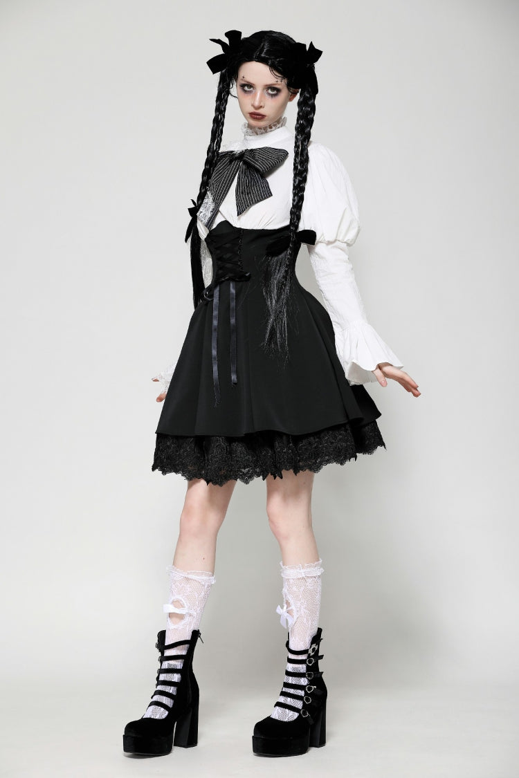 Black/White Lace High Collar Asymmetric Long Trumpet Puff Sleeves Bowknot Women's Lolita Gothic Short Dress - Product - 8