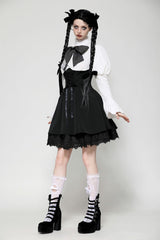 Black/White Lace High Collar Asymmetric Long Trumpet Puff Sleeves Bowknot Women's Lolita Gothic Short Dress - Product - 8