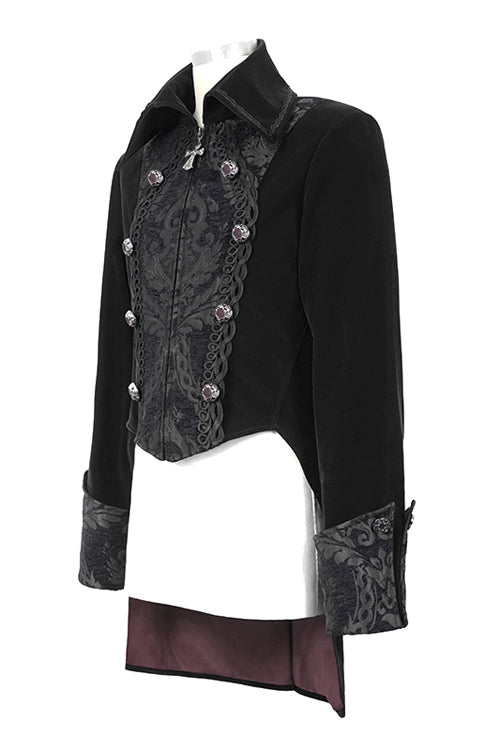 Black Court Pattern Lapel Collar Velvet Mens Gothic Coat - Product - 5
