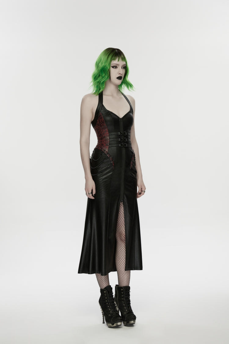 Black/Red Halterneck Sleeveless Lace-Up Slim Buckled Women's Punk Dress - Product - 3