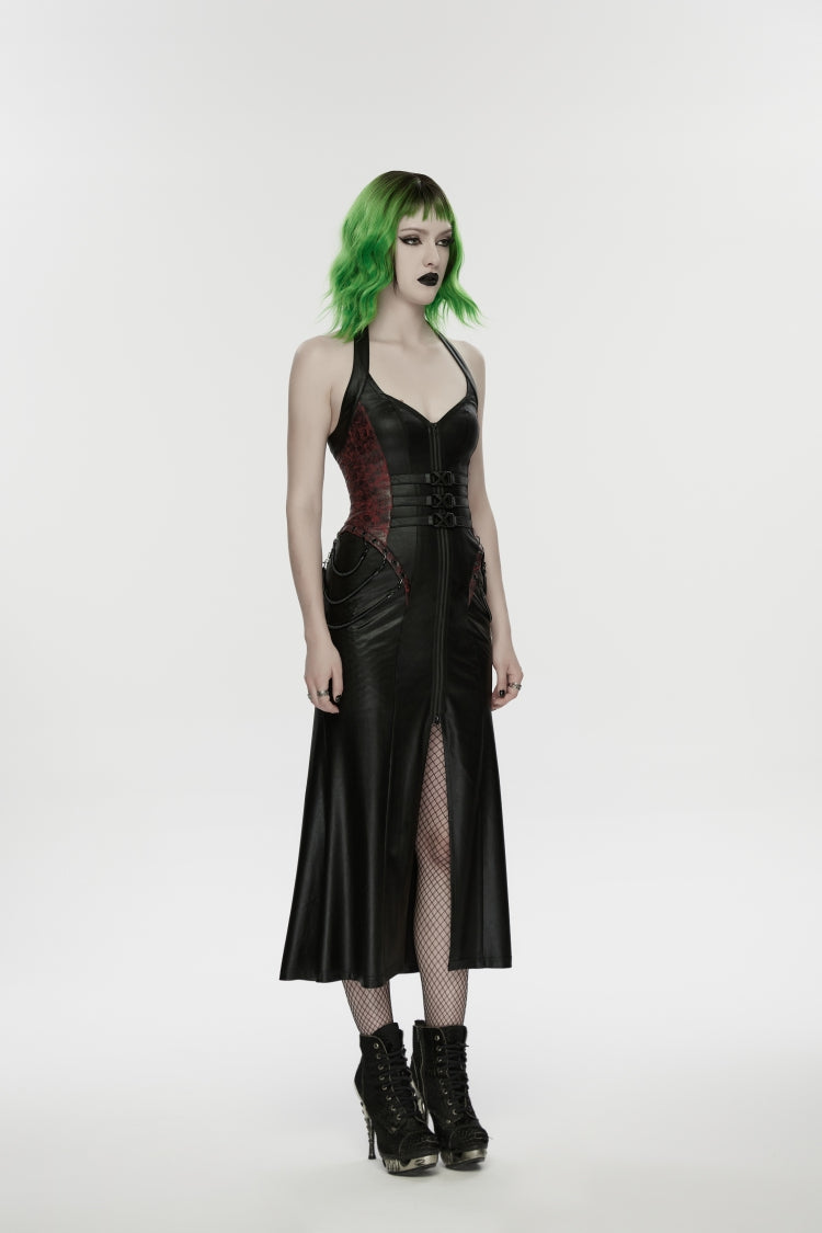 Black/Red Halterneck Sleeveless Lace-Up Slim Buckled Women's Punk Dress - Product - 3