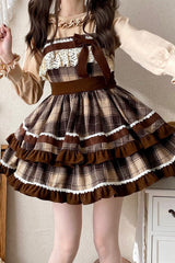 Brown [Caramel Cocoa] Double-Layered Print Ruffle Bowknot Sweet Lolita Jsk Dress - Product - 8