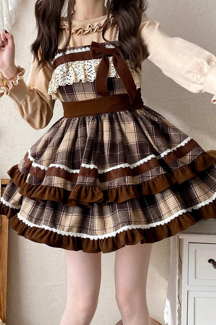 Brown [Caramel Cocoa] Double-Layered Print Ruffle Bowknot Sweet Lolita Jsk Dress - Product - 8