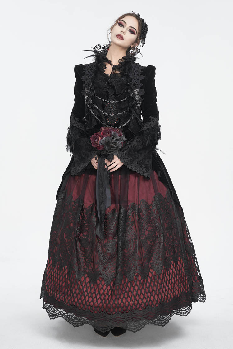 Black Stand Collar Trumpet Sleeves Embroidery Stitching Lace Women's Gothic Jacket - Product - 2