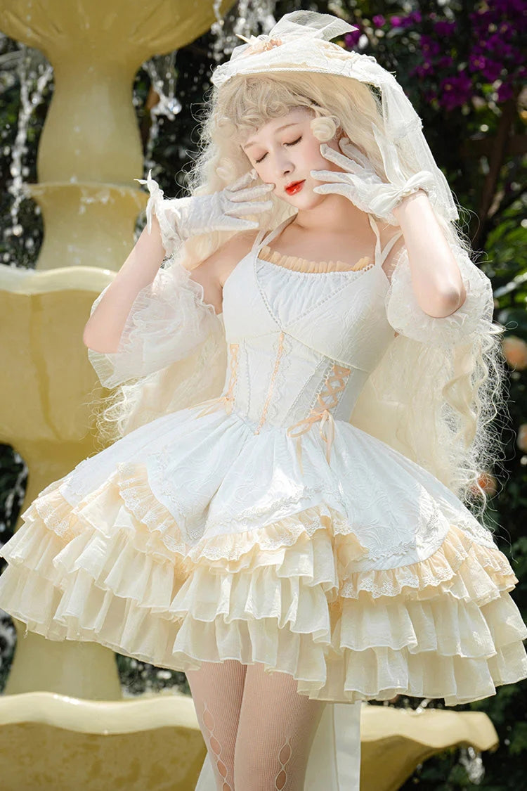 White Slim Ballet Style Multi-layer Ruffle Sweet Elegant Princess Lolita Jsk Dress - Product - 2