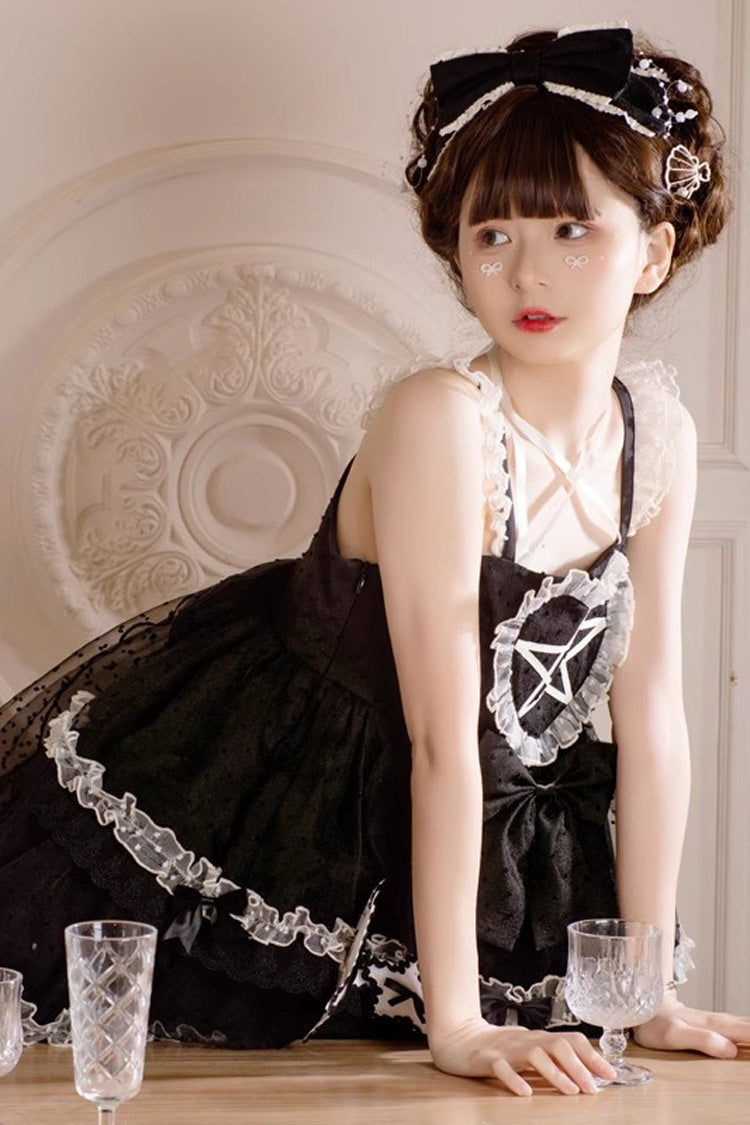 Black [Du Meisha's Star Wish] Sleeveless Triple-Layered Jacquard Ruffle Bowknot Sweet Gothic Lolita Jsk Dress - Product - 5