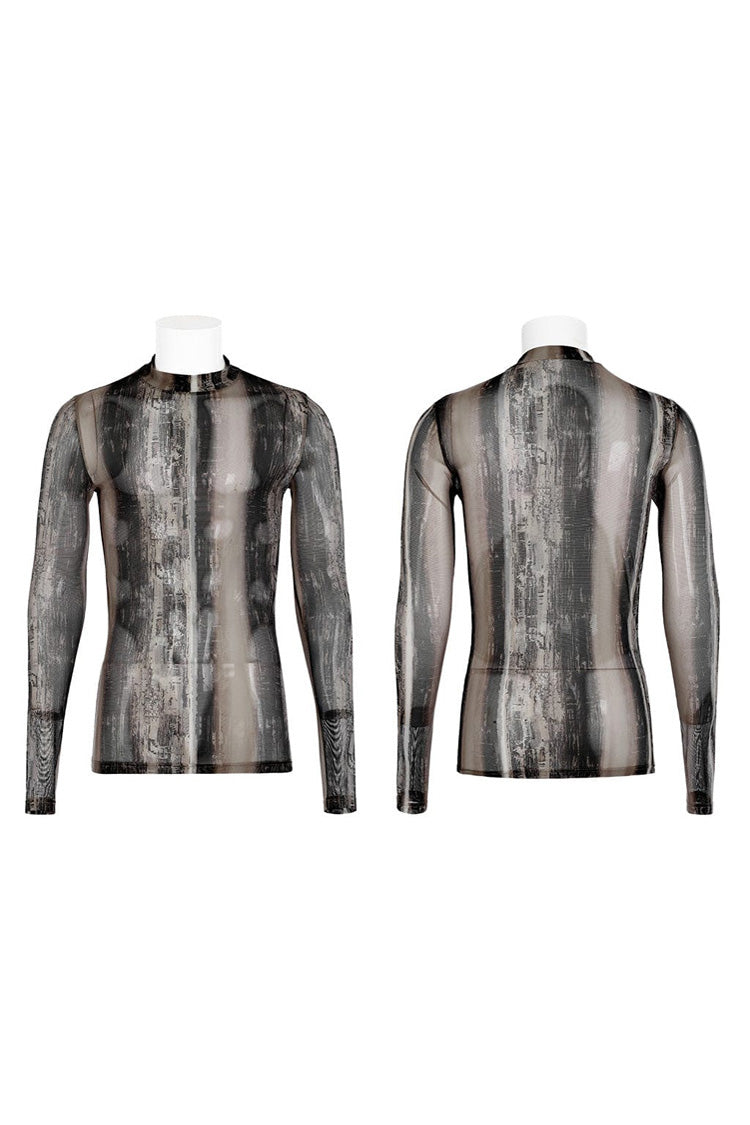 Black/Yellow Punk High Collar Technology Sense Printing Elasticity Tight Long Sleeves Men's Shirt - Product - 5