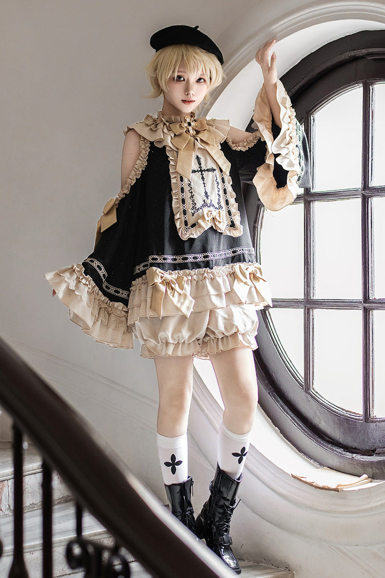 Black/Gold [Saint Child of the Cross] Round Collar Off Shoulder Long Trumpet Sleeves Ruffled Bow Gothic College Style Ouji Lolita Set - Product - 2