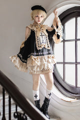 Black/Gold [Saint Child of the Cross] Round Collar Off Shoulder Long Trumpet Sleeves Ruffled Bow Gothic College Style Ouji Lolita Set - Product - 2