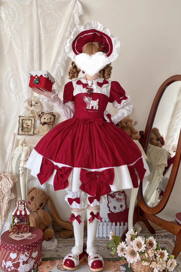 Red [Shepherd Girl’s Poem] Doll Collar Short Sleeves Ruffled Bow Sweet Lolita Dress - Product - 9