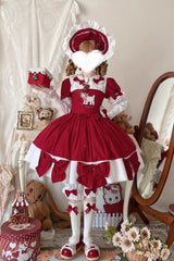 Red [Shepherd Girl’s Poem] Doll Collar Short Sleeves Ruffled Bow Sweet Lolita Dress - Product - 9