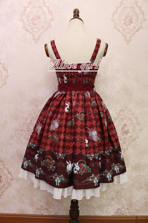 Strawberry Bunny Print Bowknot Ruffled Sweet Lolita JSK Dress 4 Colors - Product - 3