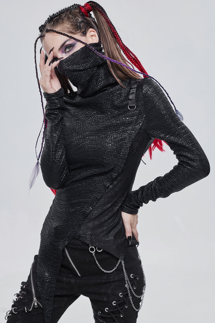 Black Punk High Neck Compressed Stretch Fabric Irregular Pointed Hem Pleated Women's Shirt - Product - 3