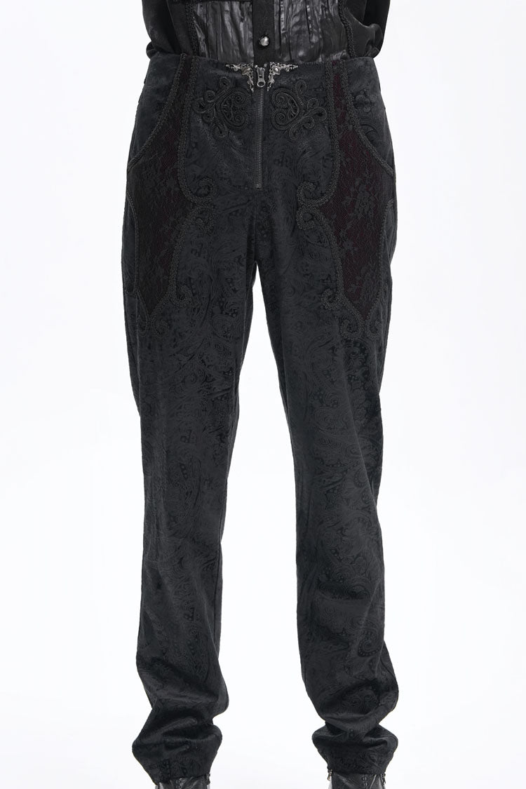 Black Floral Branded Print Embroidery Zipper Men's Gothic Pants - Black - 1