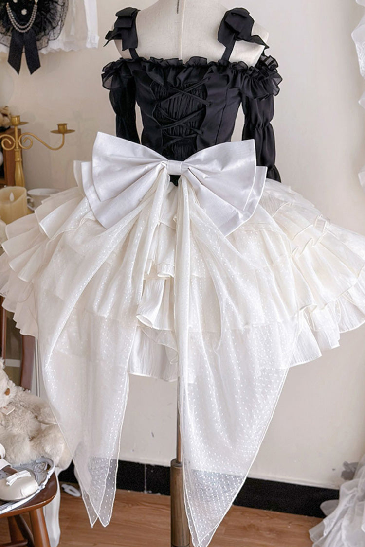 Black Top and Apricot Bowknot Sweet Princess Lolita Layered Skirt Dress - Product - 12