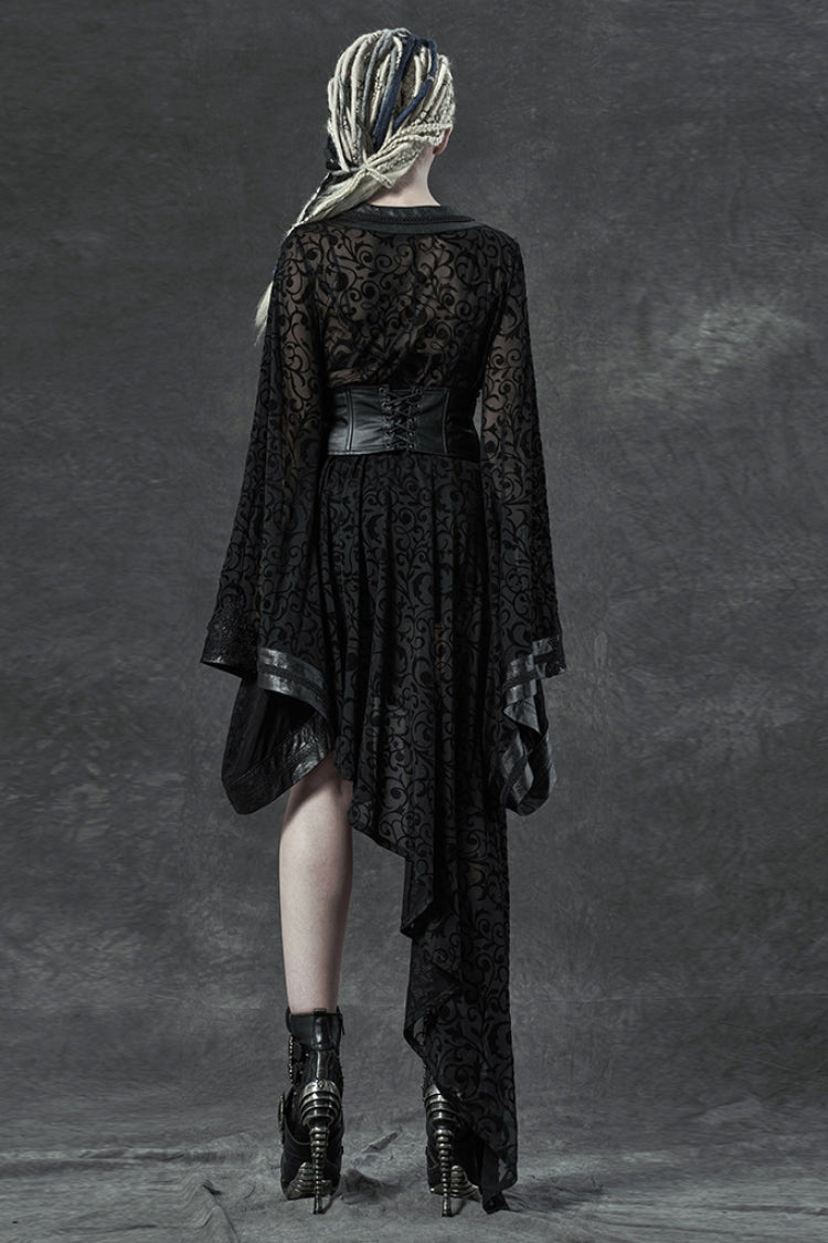 Black V Collar Long Trumpet Sleeves Embroidery Lace Girdle Irregular Womens Gothic Dress - Product - 3