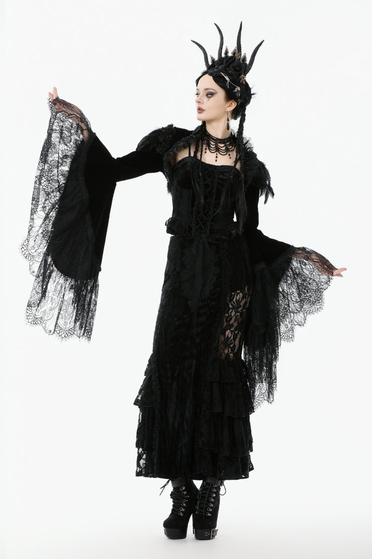 Black Lace Spliced Velvet Long Flared Sleeves Floral Feather Women's Gothic Cape - Product - 9