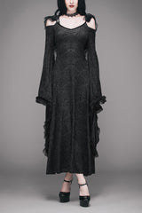 Black Gothic Big Cuffs Stretchy Floral Off The Shoulder Hooded Long Womens Dress - Black - 1