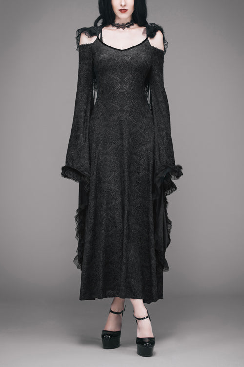 Black Gothic Big Cuffs Stretchy Floral Off The Shoulder Hooded Long Womens Dress - Black - 1