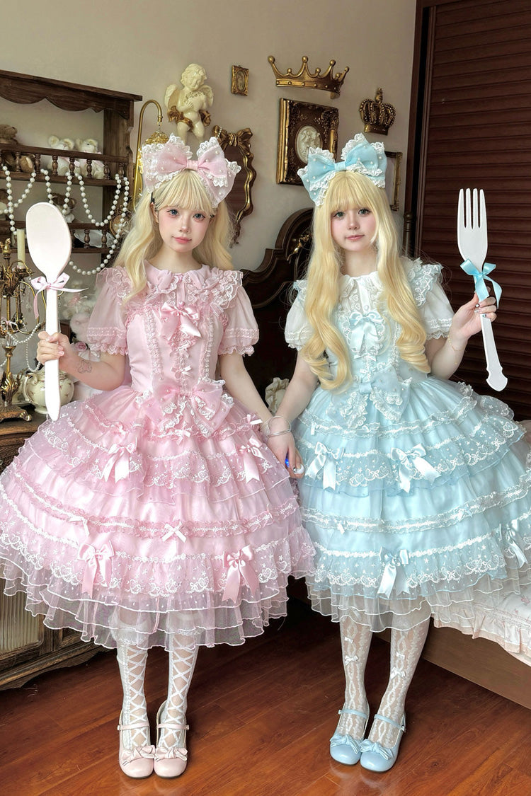 Blue [Lotus Butterfly Heart] Multi-Layered Ruffle Hanayome Bowknot Lace Sweet Lolita Jsk Dress - Product - 6