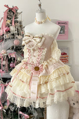 Pink [Sweet Tea Rose Dew] Triple-Layered Ruffle Bowknot Lace Gorgeous Sweet Lolita Skirt - Pink - 1