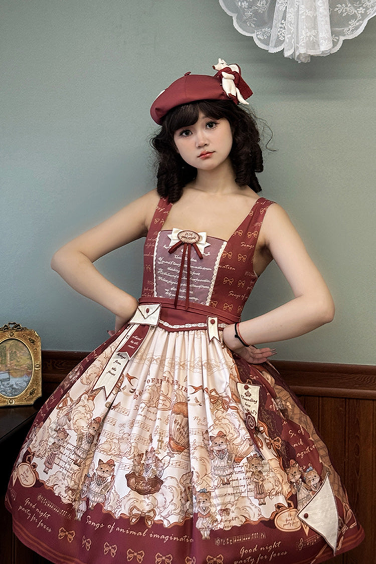 Wine Red [Fox Band] Print Square Collar Bowknot Classic Lolita Jumper Dress - Product - 9