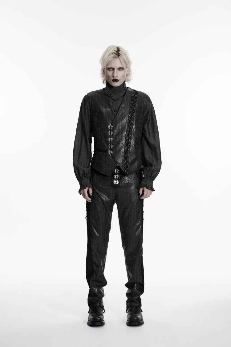 Black V Collar Lace-Up Slim Asymmetric Buckled Men's Punk Vest - Product - 3