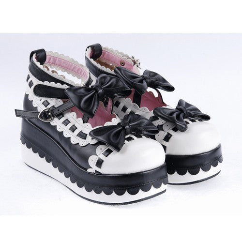 Black & White Romantic PU Round Toe Ankle Straps Bow Decoration Platform Lolita Shoes - Product - 2
